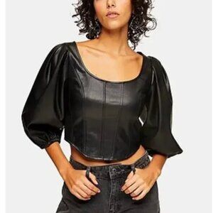 Topshop Black Faux Leather Cropped Puff Sleeve Corset